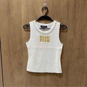 Miu Miu White Textured Tank Top with Gold Accents